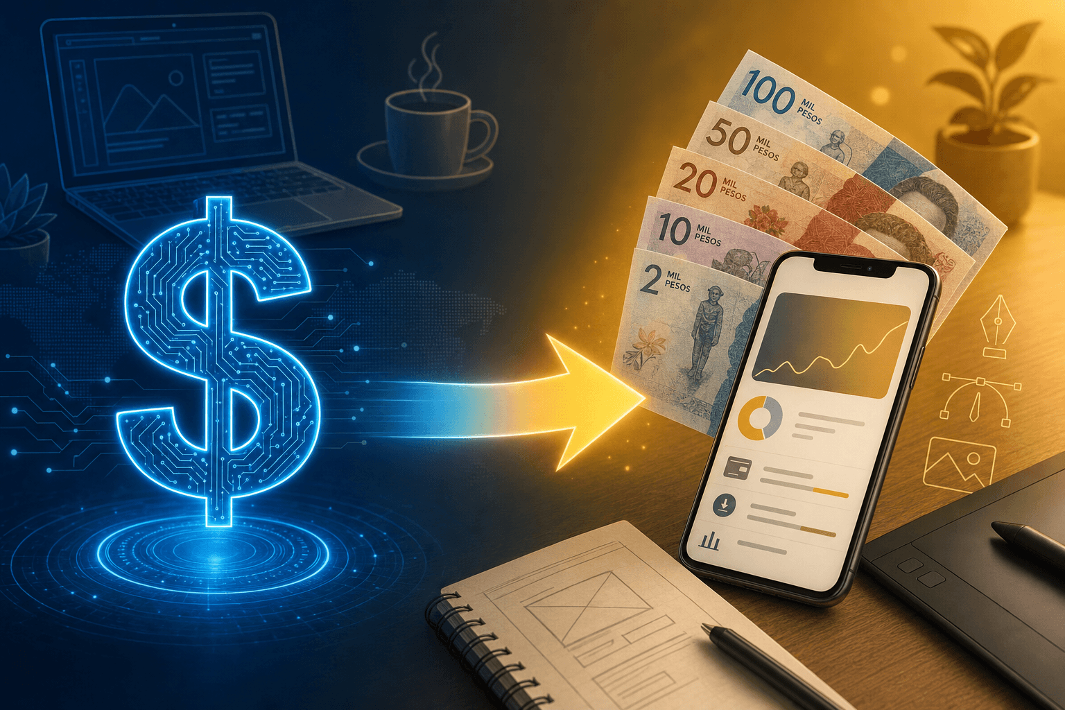 Editorial illustration for the article "Currency Exchange USD to COP: How Freelancers Get More Pesos in 2026".