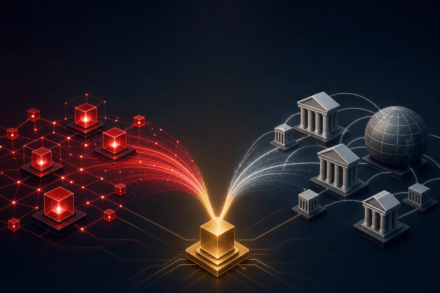 Editorial illustration for the article "How Stablecoins and SWIFT Work Together for Global Payments".